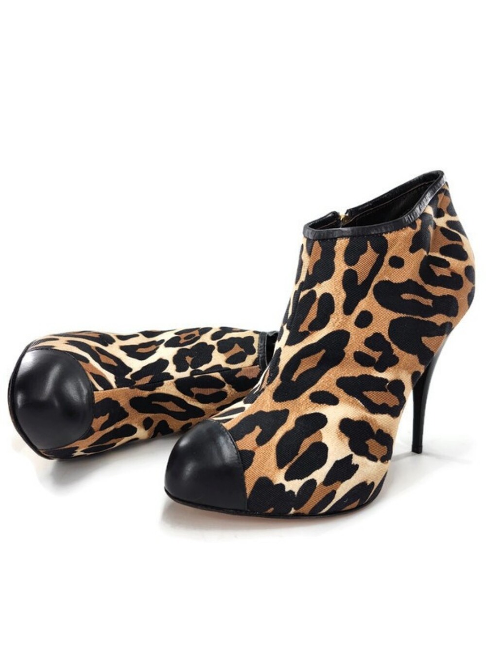 Giuseppe Zanotti Leopard Print Canvas & Black Leather Cap-Toe High Heel Booties
